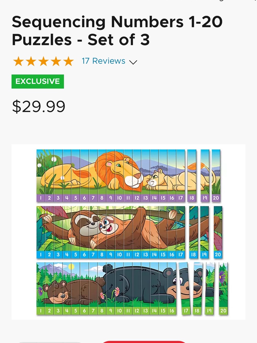 Sequencing Numbers 1-20 Puzzles Set - Colorful Animal Designs (3 puzzles)